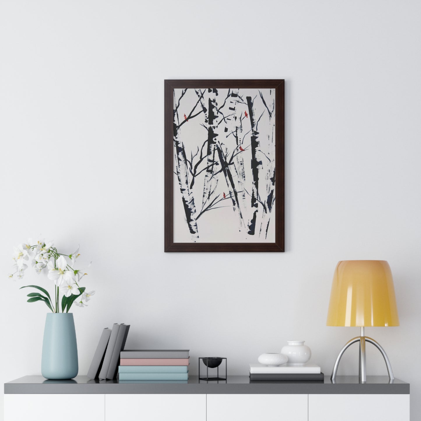 Cardinals and Birches Framed Vertical Poster. Available in sizes 11” x 14”-20” x 30”
