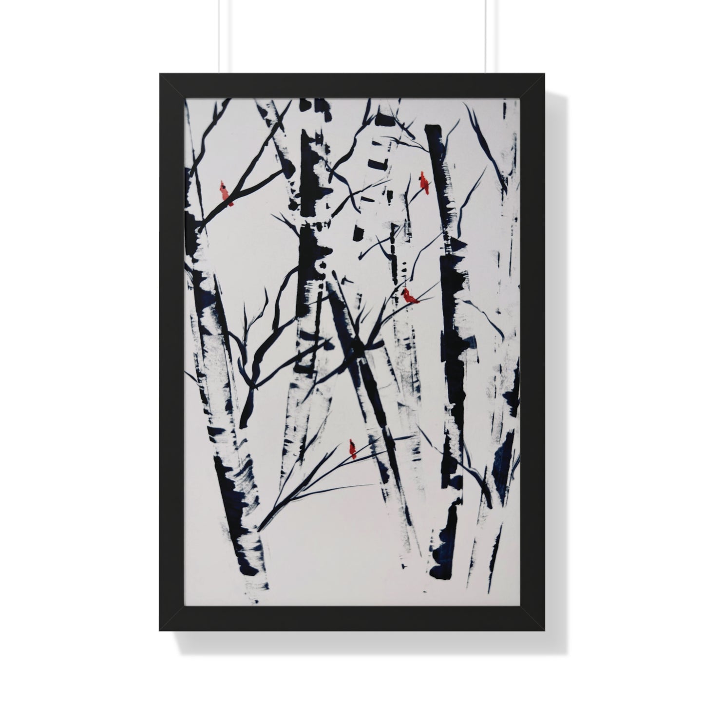 Cardinals and Birches Framed Vertical Poster. Available in sizes 11” x 14”-20” x 30”