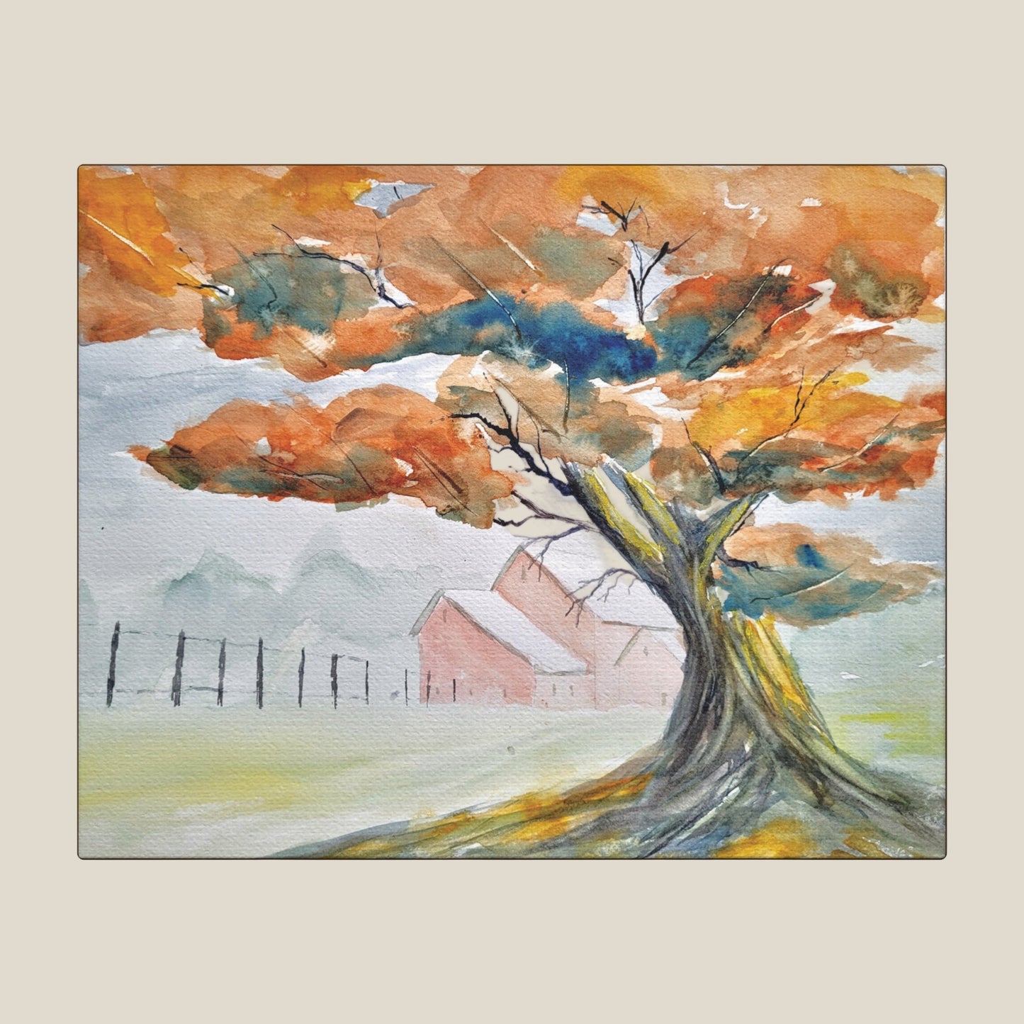 Painting of a tree with autumn colors and a house in the background