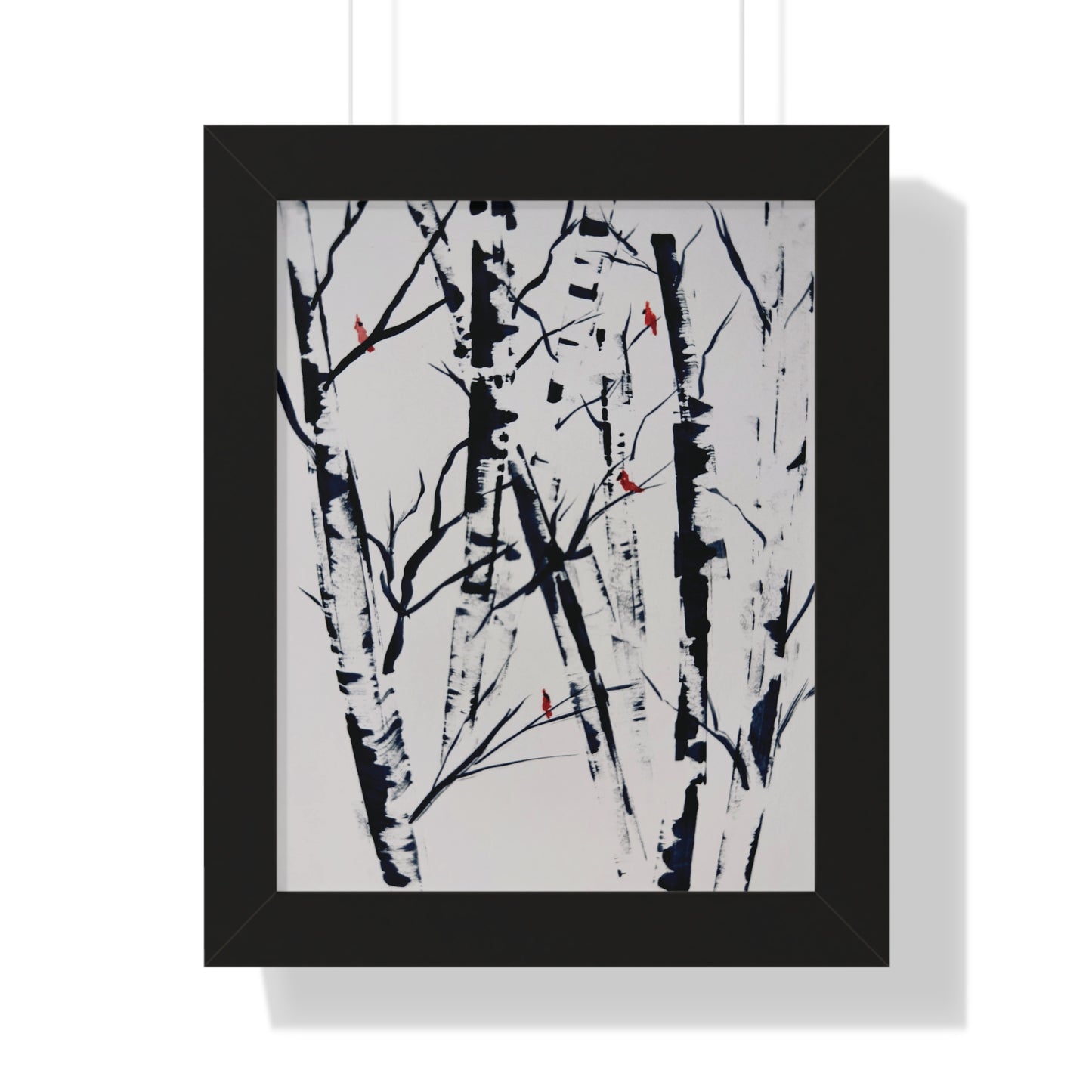 Cardinals and Birches Framed Vertical Poster. Available in sizes 11” x 14”-20” x 30”