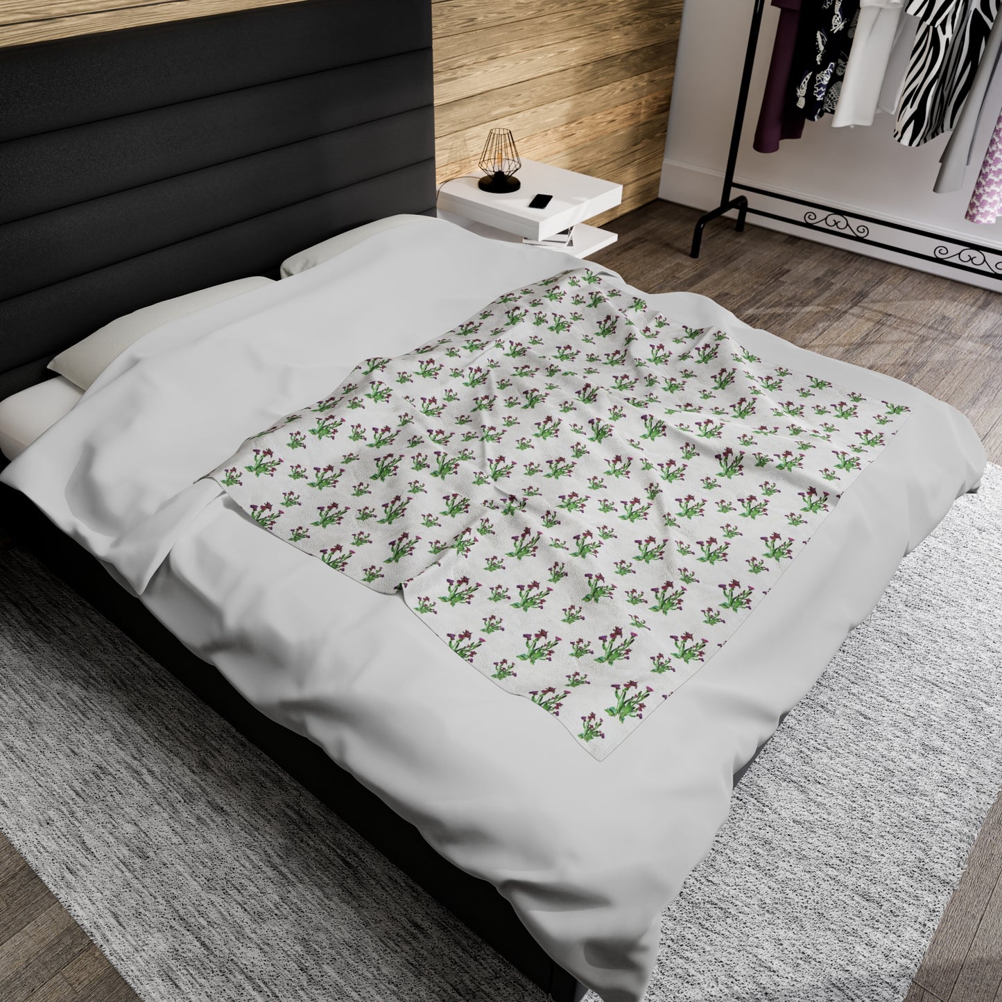 Velveteen Plush Blanket Featuring Purple Irises. Available in sizes from 30” x 40”-60” x 80”