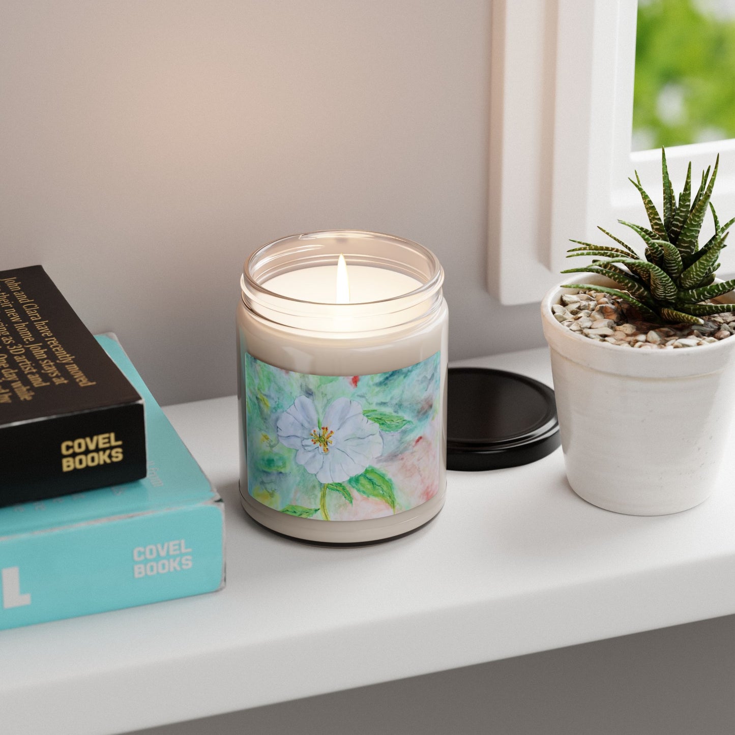 Eco-Friendly Soy Candle (9 oz.), Featuring Delicate Watercolor White Flower. Multiple Scents Available.