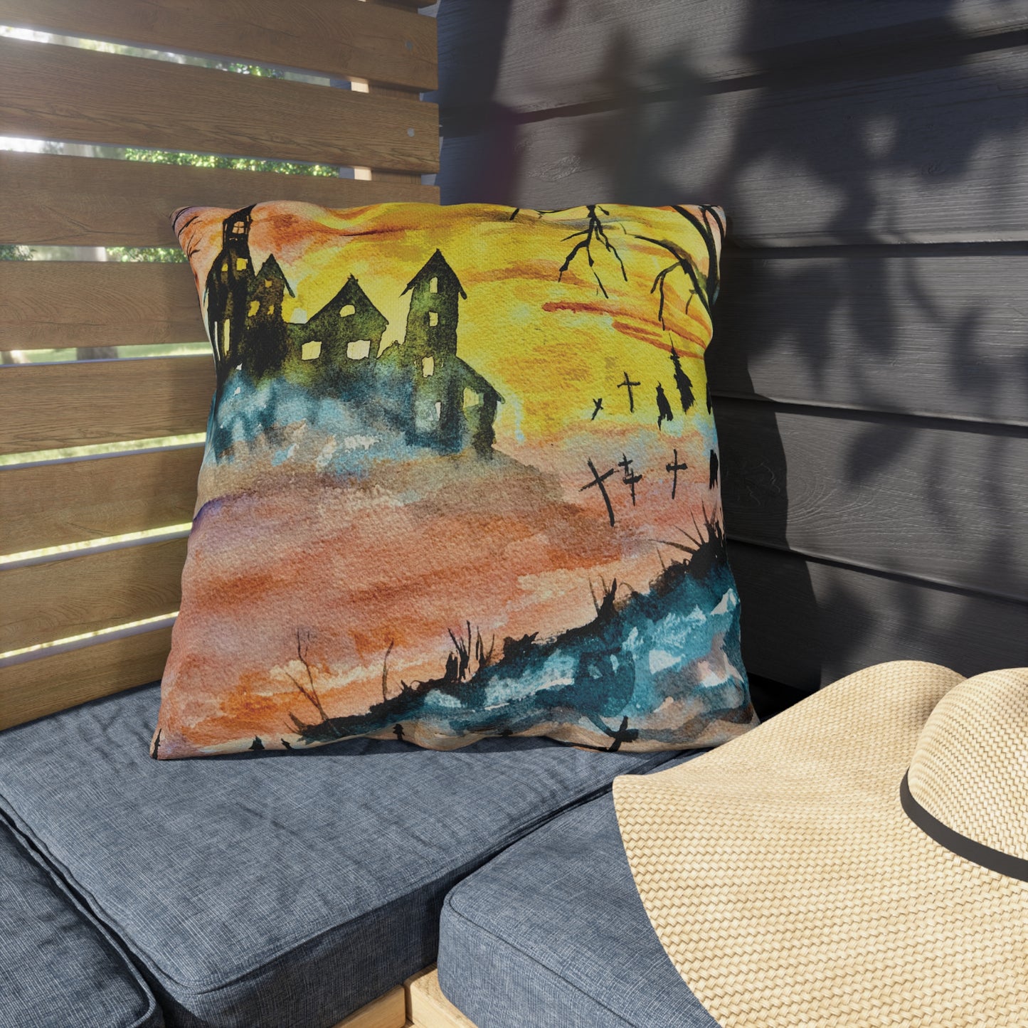 Halloween House and Graveyard (Vibrant) Pillows. Available in sizes from 16” x 16”-20” x 20”