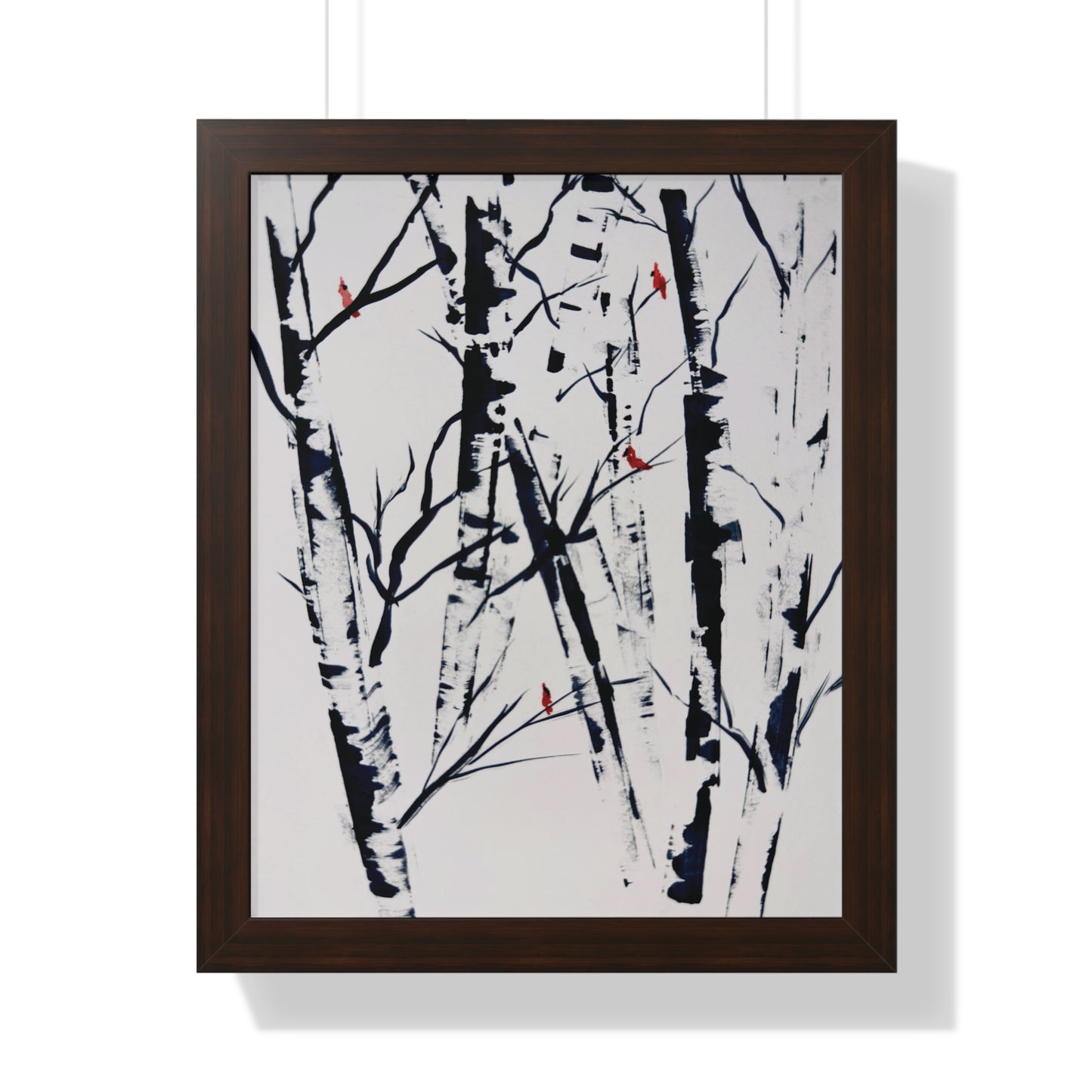 Cardinals and Birches Framed Vertical Poster. Available in sizes 11” x 14”-20” x 30”