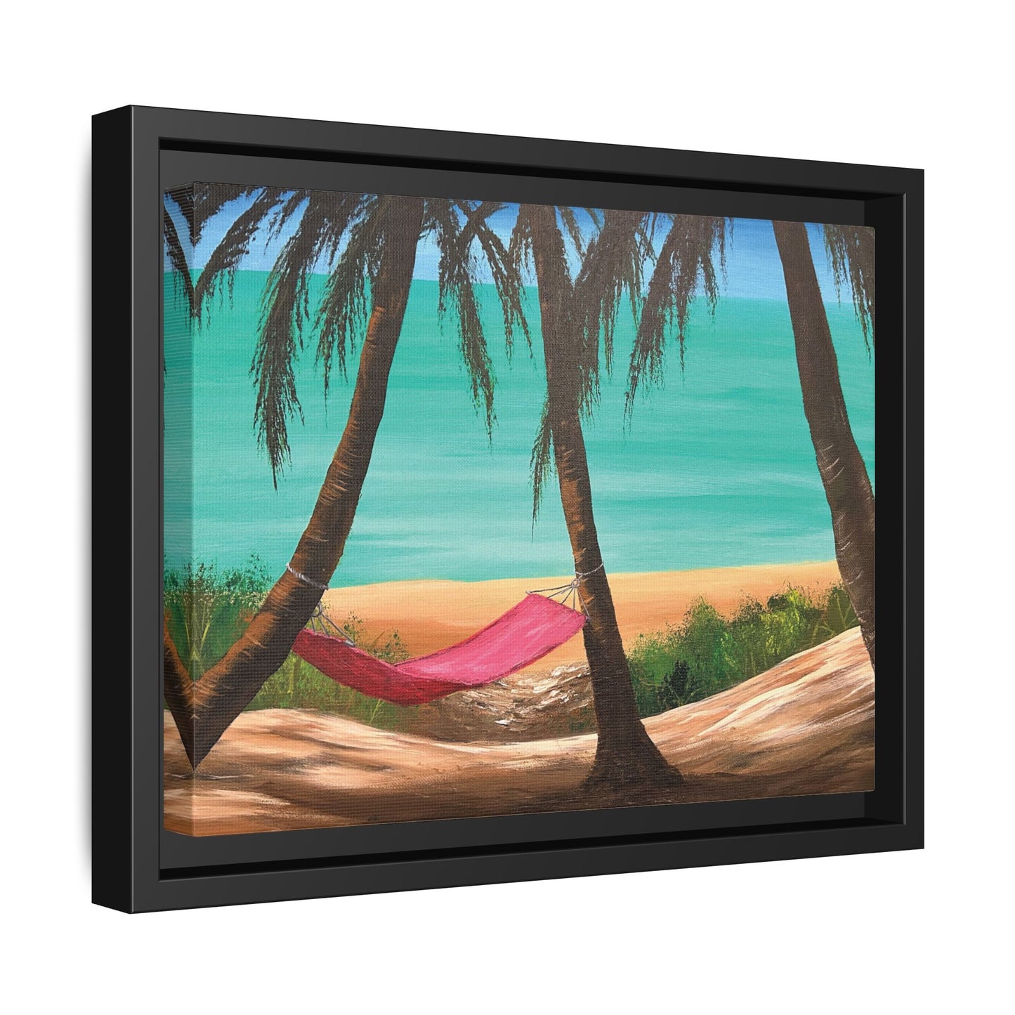 Matte Canvas with Black Frame Featuring Hawaii Beach Hammock. Available in sizes from 12” x 9”-16” x 12”