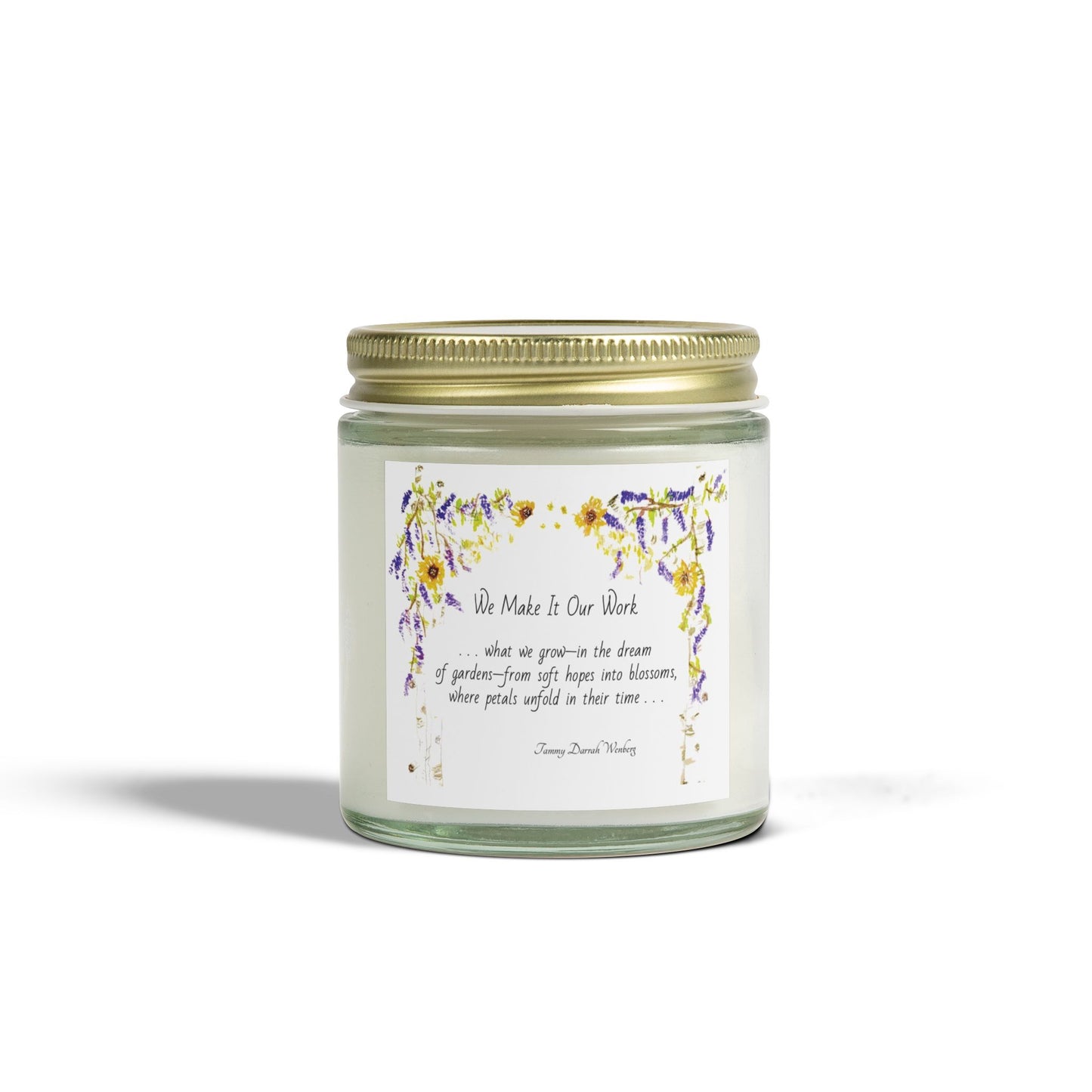 We Make It Our Work Scented Candles, Coconut Apricot Wax (4oz, 9oz), Featuring an Arbor of Sunflowers