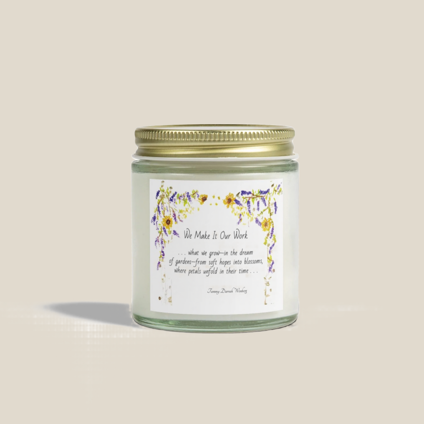We Make It Our Work Scented Candles, Coconut Apricot Wax (4oz, 9oz), Featuring an Arbor of Sunflowers