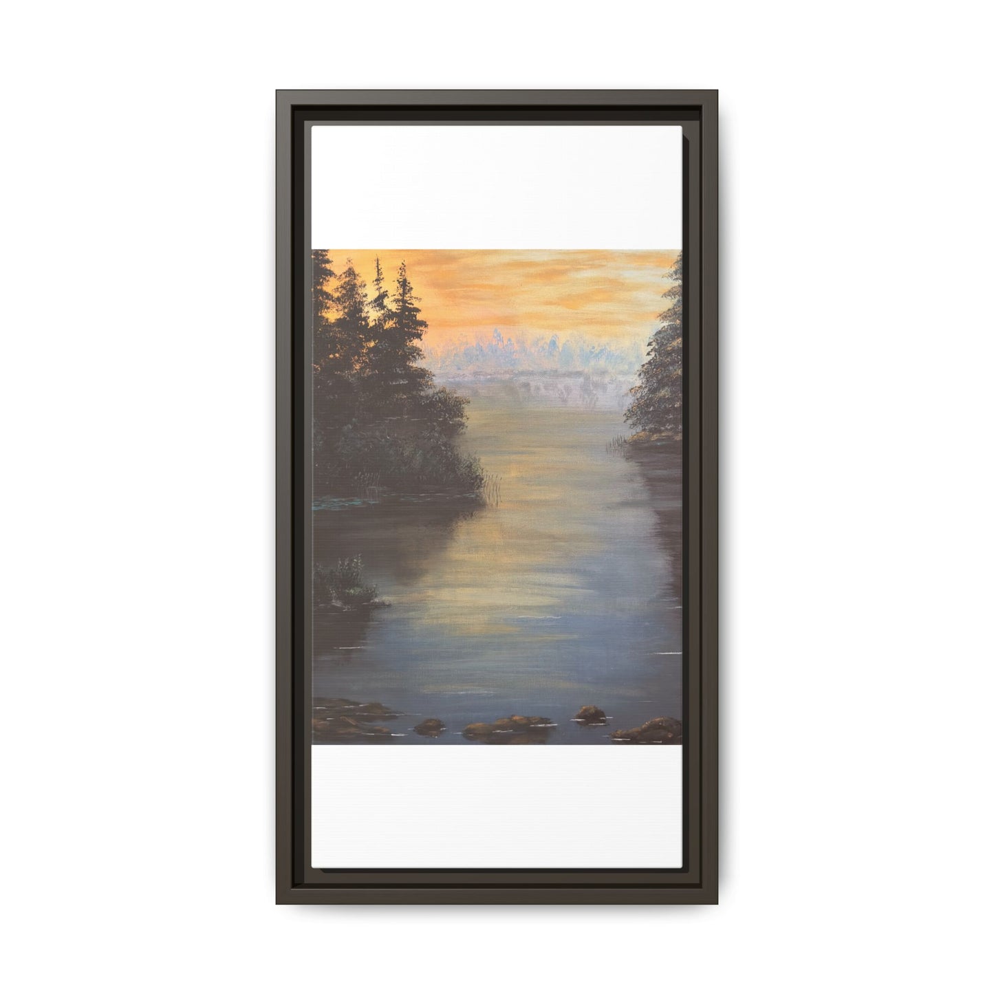 Peaceful Northwoods Lake Matte Canvas with Black or Espresso Frame. Available in sizes from 8” x 10”-24” x 32”