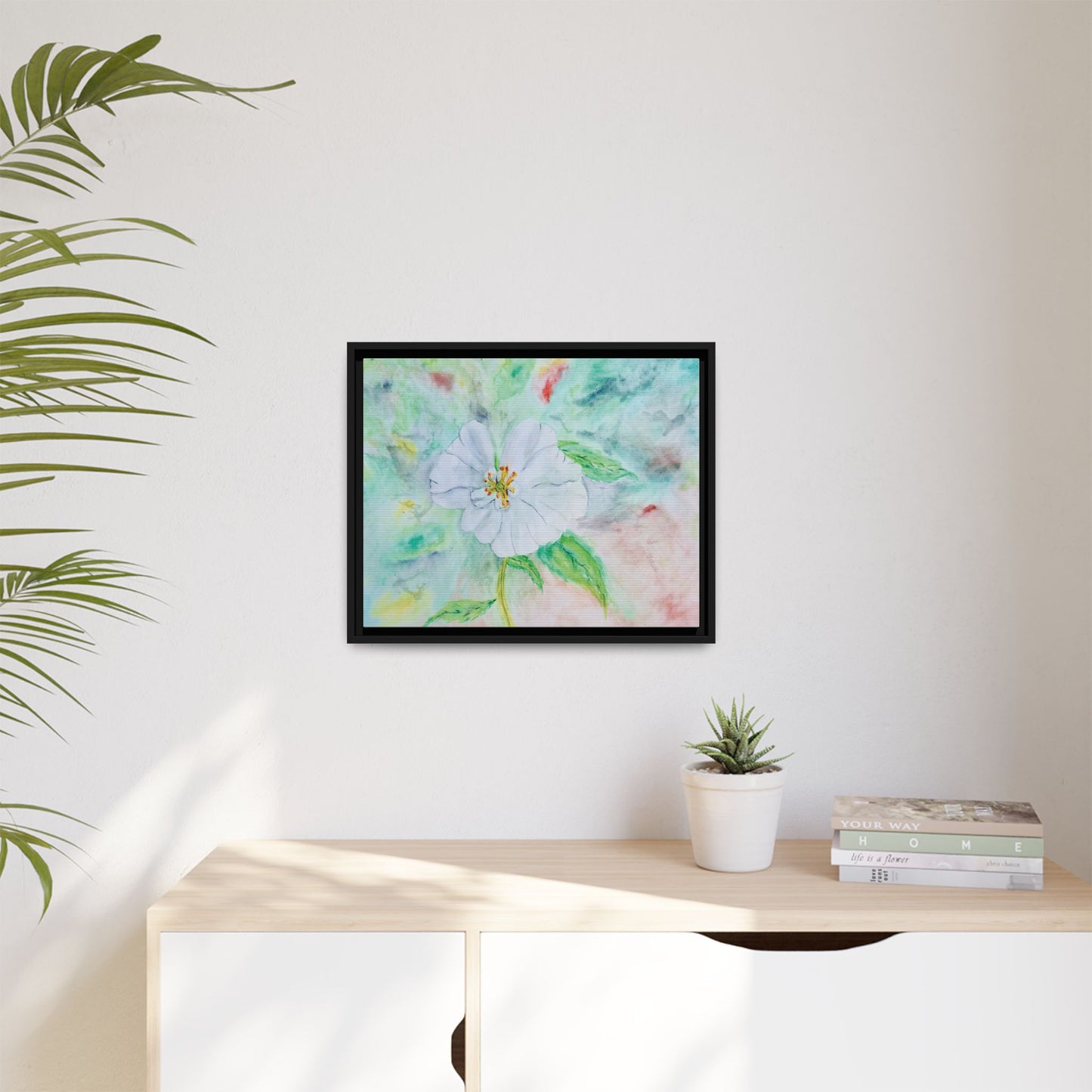 White Flower Watercolor Matte Canvas with Black Frame. Available in sizes from 12” x 9”-20” x 16”