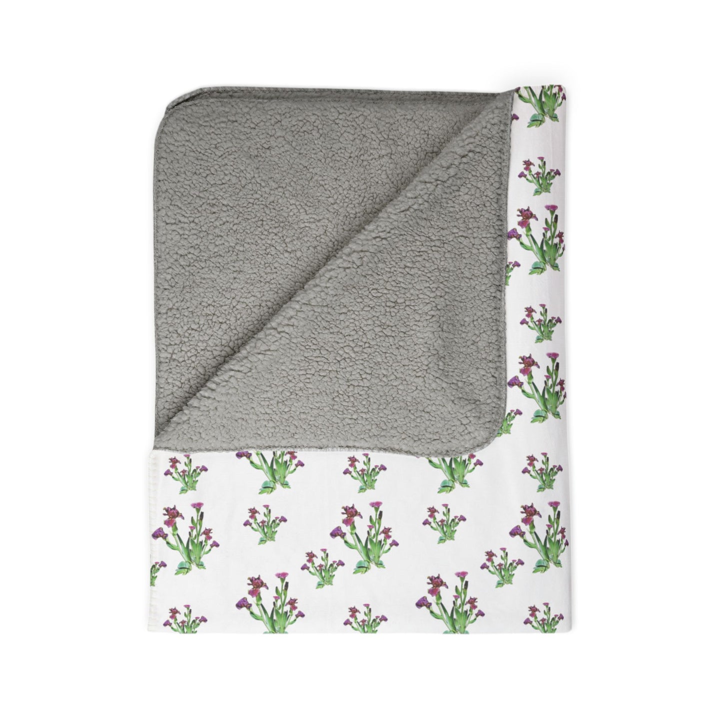 Fleece Sherpa Blanket Featuring Purple Irises. Available in sizes from 50” x 60”-60” x 80”