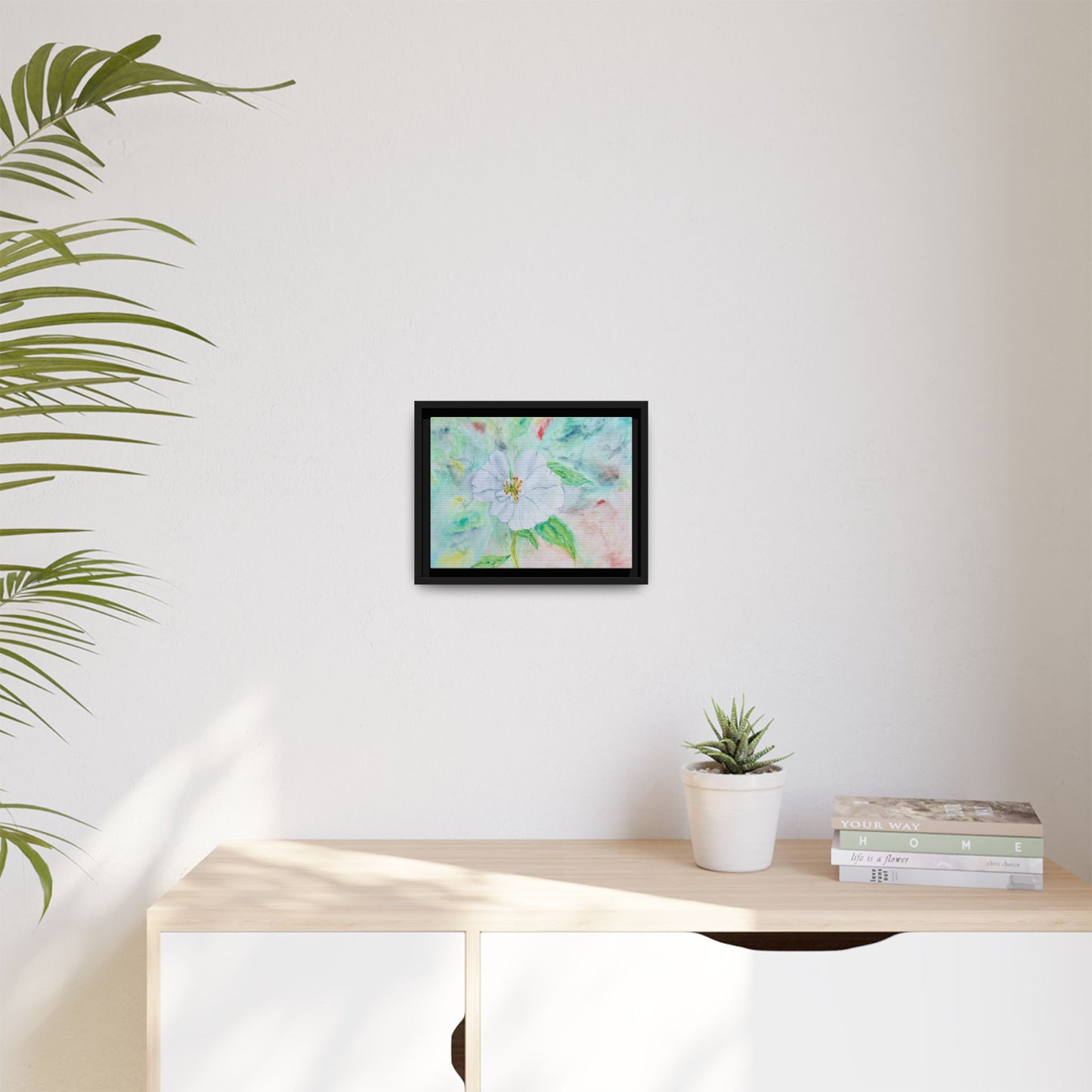 White Flower Watercolor Matte Canvas with Black Frame. Available in sizes from 12” x 9”-20” x 16”