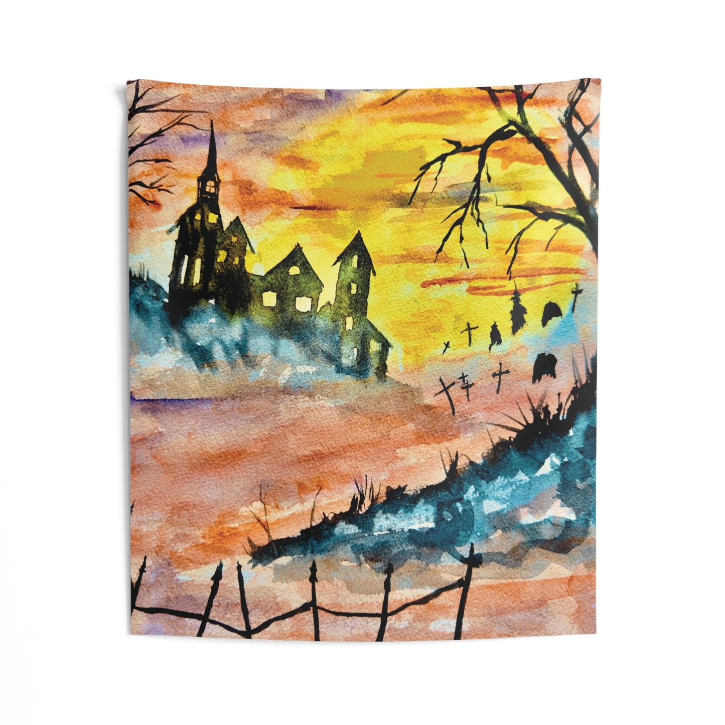 Halloween House and Graveyard Vibrant Indoor Wall Tapestry. Available in size 26” x 36” and 50” x 60”