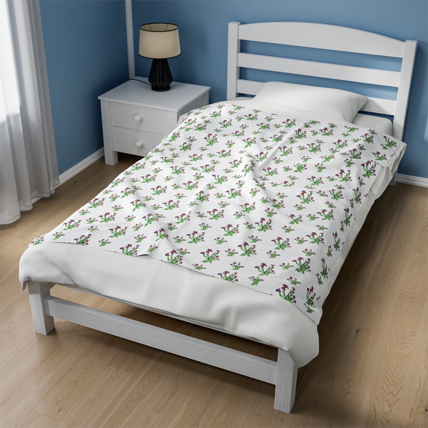 Velveteen Plush Blanket Featuring Purple Irises. Available in sizes from 30” x 40”-60” x 80”
