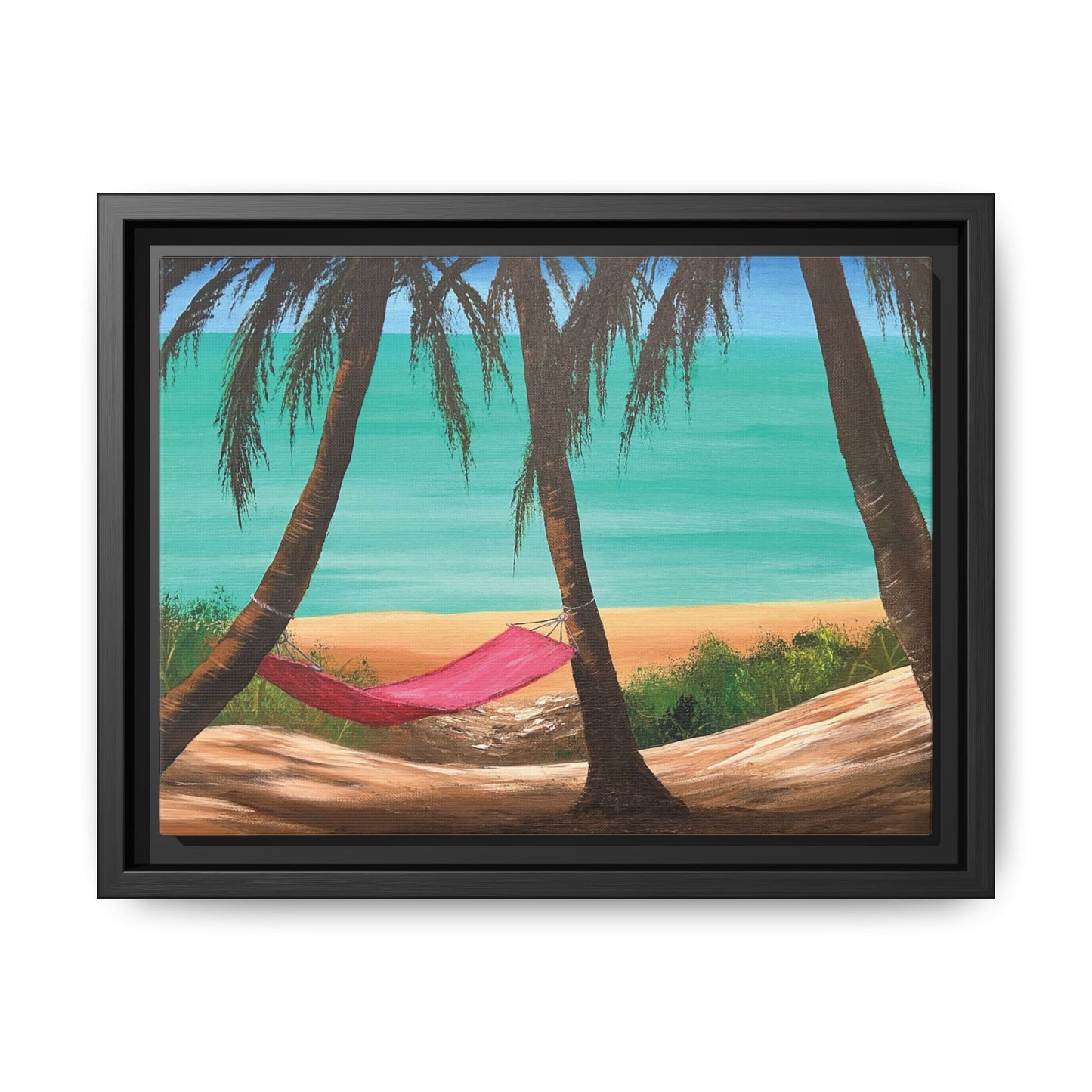 Matte Canvas with Black Frame Featuring Hawaii Beach Hammock. Available in sizes from 12” x 9”-16” x 12”