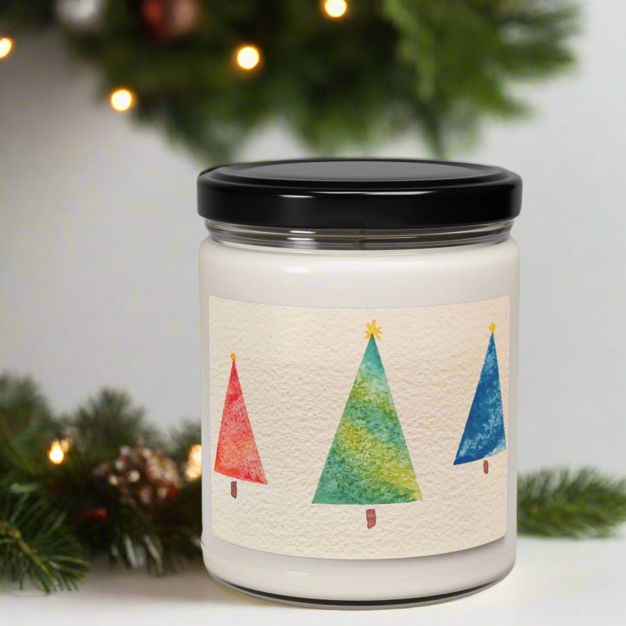 Eco-Friendly Soy Candle (9 oz.), Featuring Happy Holiday Trees. Multiple Scents Available