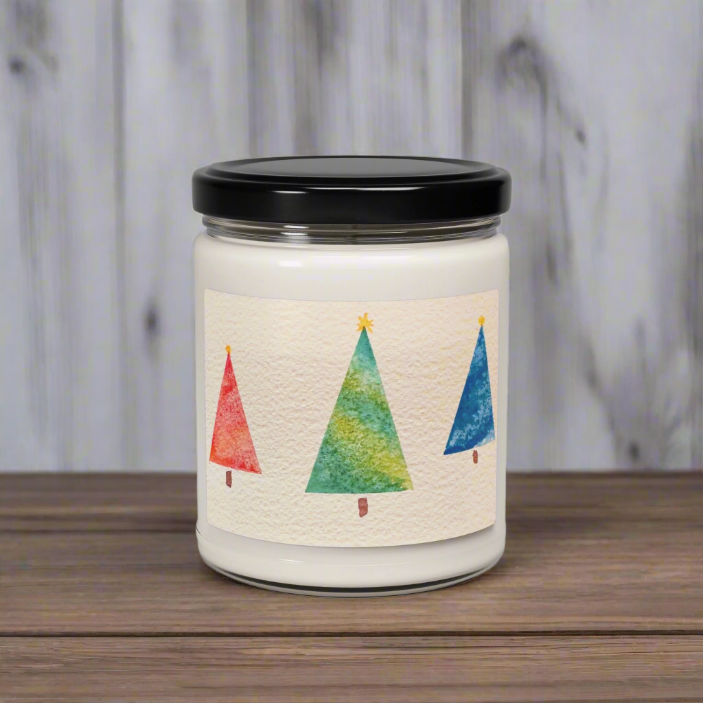 Eco-Friendly Soy Candle (9 oz.), Featuring Happy Holiday Trees. Multiple Scents Available