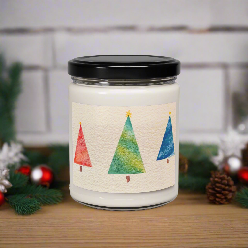 Eco-Friendly Soy Candle (9 oz.), Featuring Happy Holiday Trees. Multiple Scents Available