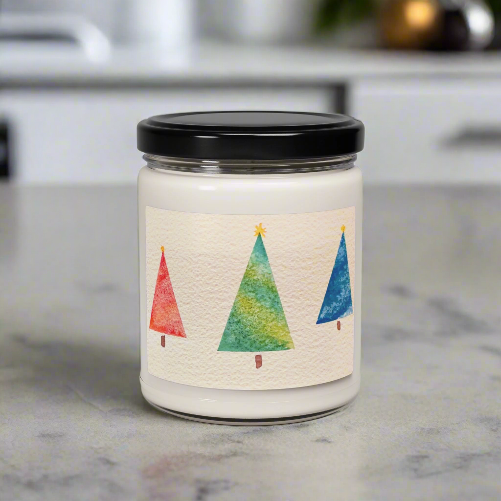 Eco-Friendly Soy Candle (9 oz.), Featuring Happy Holiday Trees. Multiple Scents Available