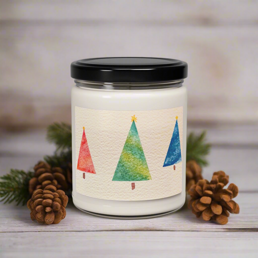 Eco-Friendly Soy Candle (9 oz.), Featuring Happy Holiday Trees. Multiple Scents Available