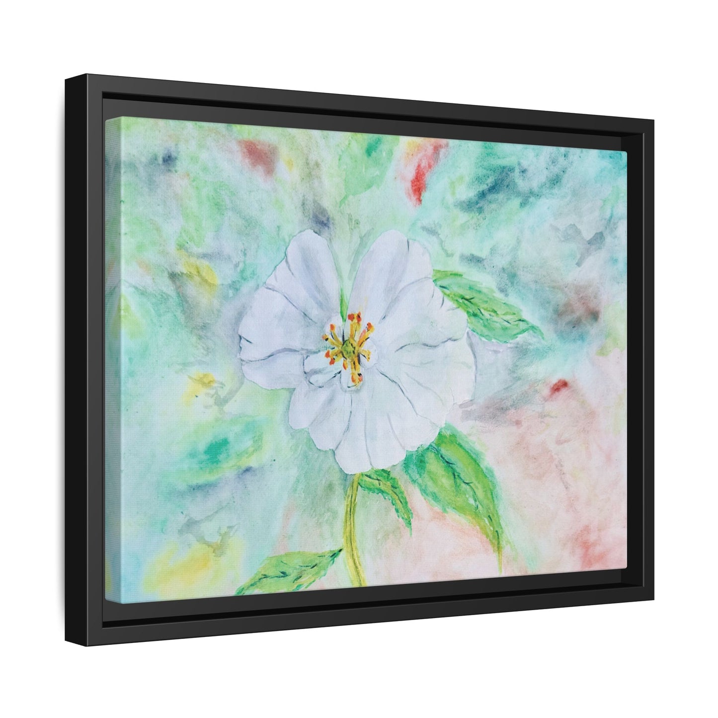 White Flower Watercolor Matte Canvas with Black Frame. Available in sizes from 12” x 9”-20” x 16”