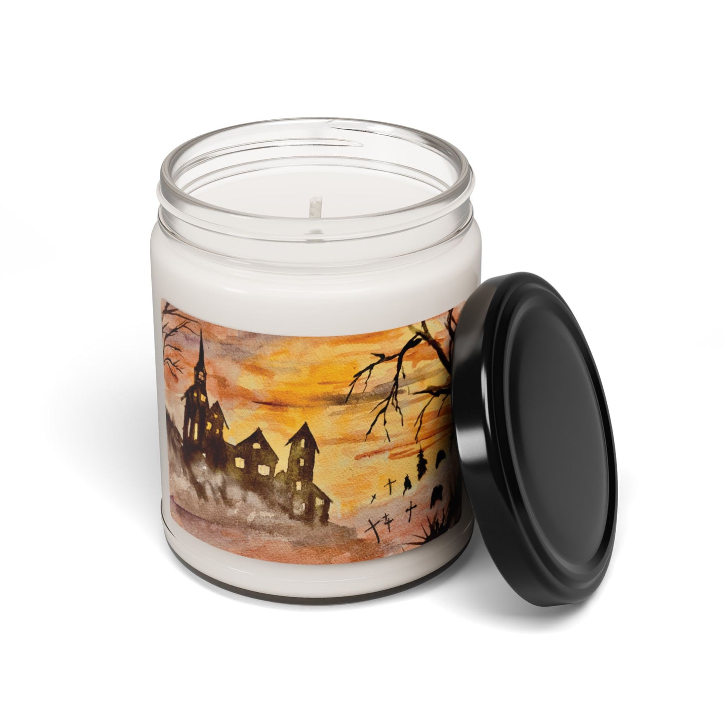 Eco-Friendly Soy Candle (9 oz.), Featuring Halloween House and Spooky Graveyard Art. Multiple Scents Available.