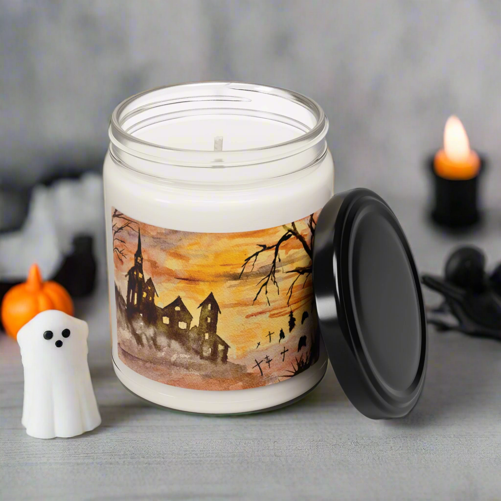 Eco-Friendly Soy Candle (9 oz.), Featuring Halloween House and Spooky Graveyard Art. Multiple Scents Available.