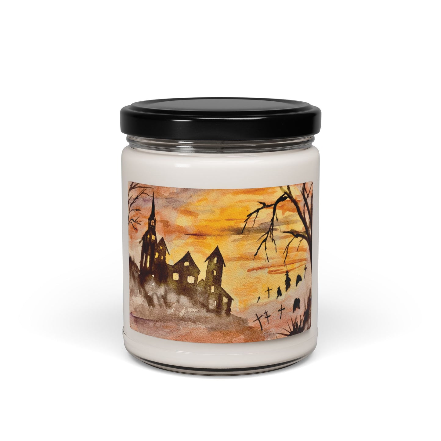 Eco-Friendly Soy Candle (9 oz.), Featuring Halloween House and Spooky Graveyard Art. Multiple Scents Available.