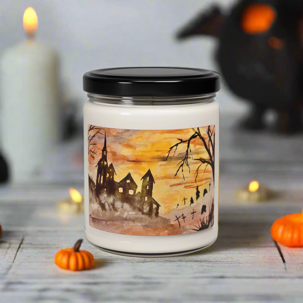 Eco-Friendly Soy Candle (9 oz.), Featuring Halloween House and Spooky Graveyard Art. Multiple Scents Available.