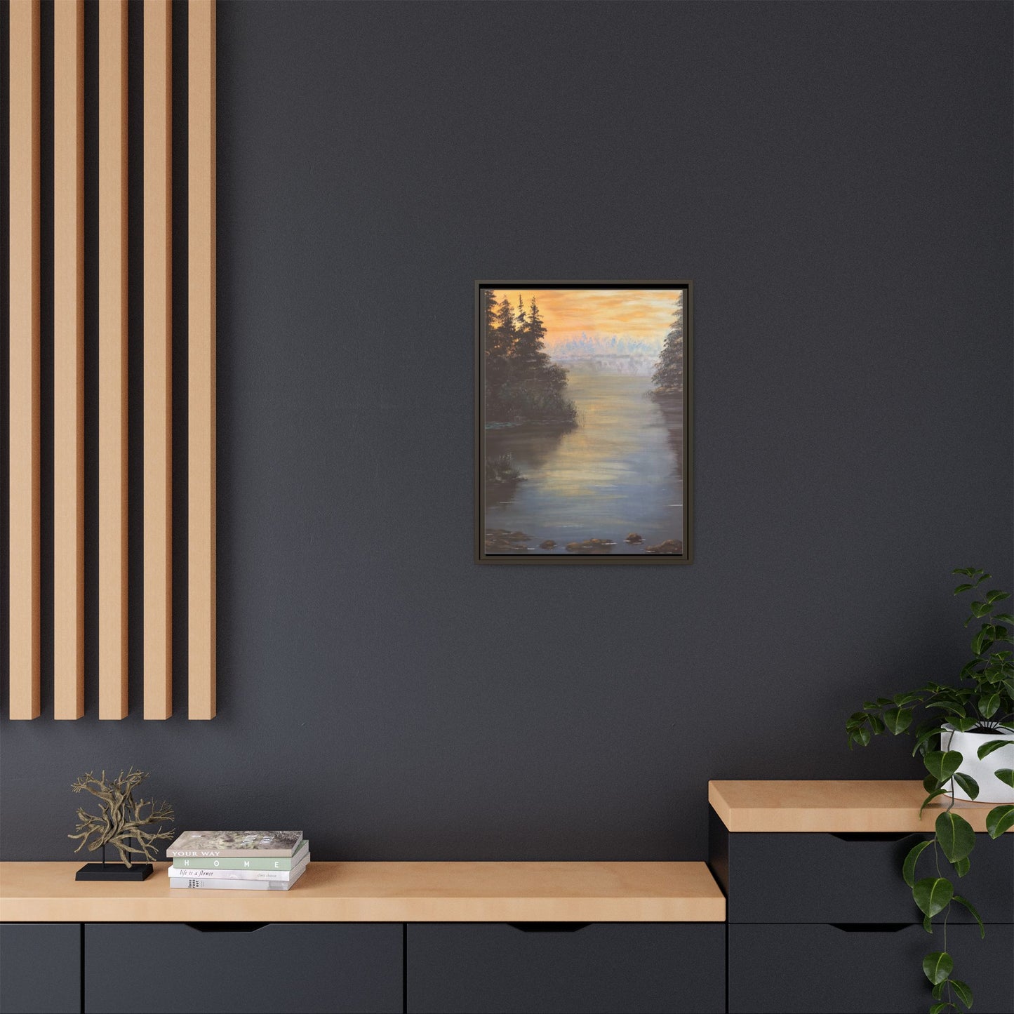 Peaceful Northwoods Lake Matte Canvas with Black or Espresso Frame. Available in sizes from 8” x 10”-24” x 32”