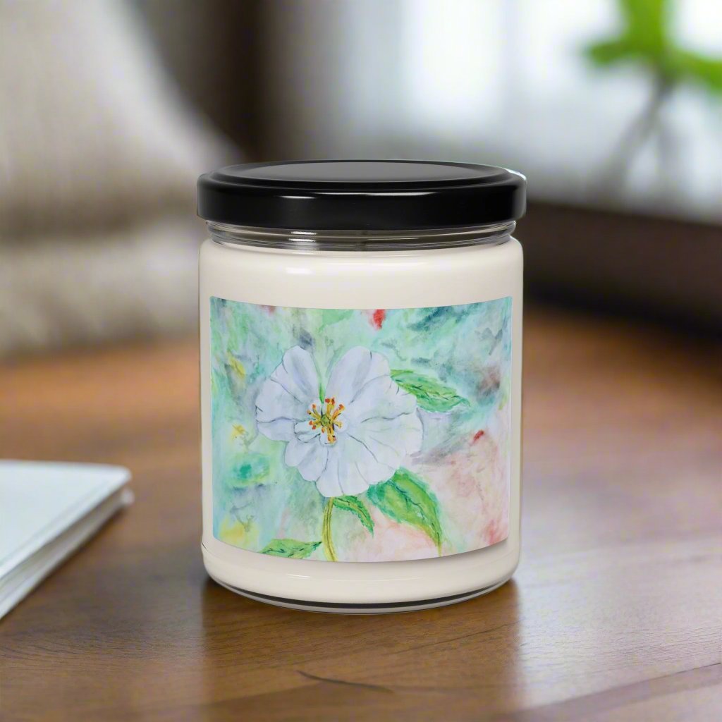 Eco-Friendly Soy Candle (9 oz.), Featuring Delicate Watercolor White Flower. Multiple Scents Available.