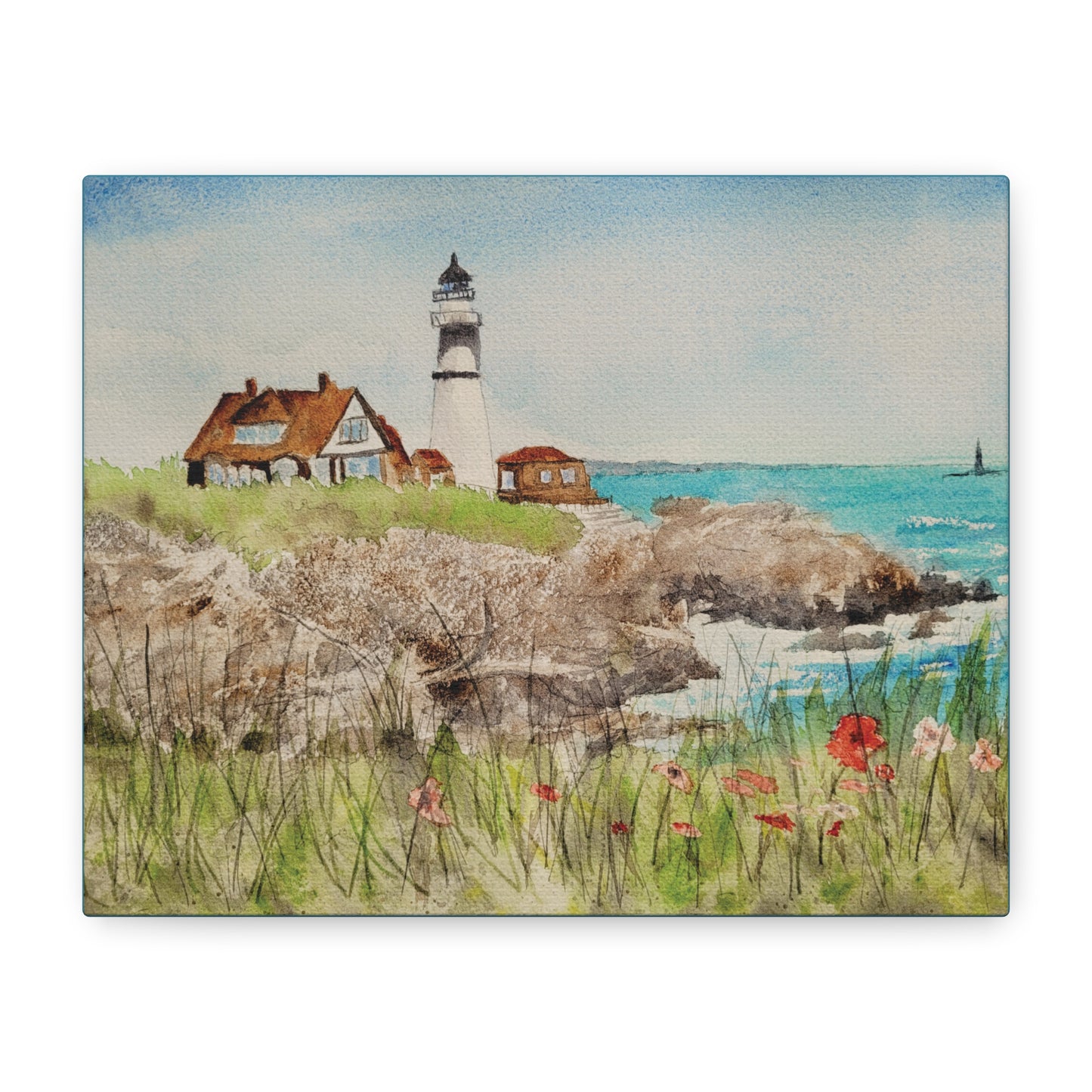 Painting of a lighthouse on a rocky shore with flowers and buildings.