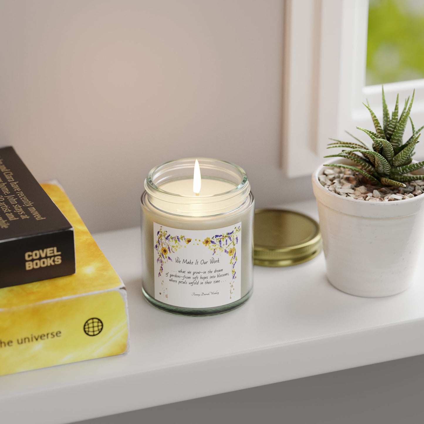 We Make It Our Work Scented Candles, Coconut Apricot Wax (4oz, 9oz), Featuring an Arbor of Sunflowers