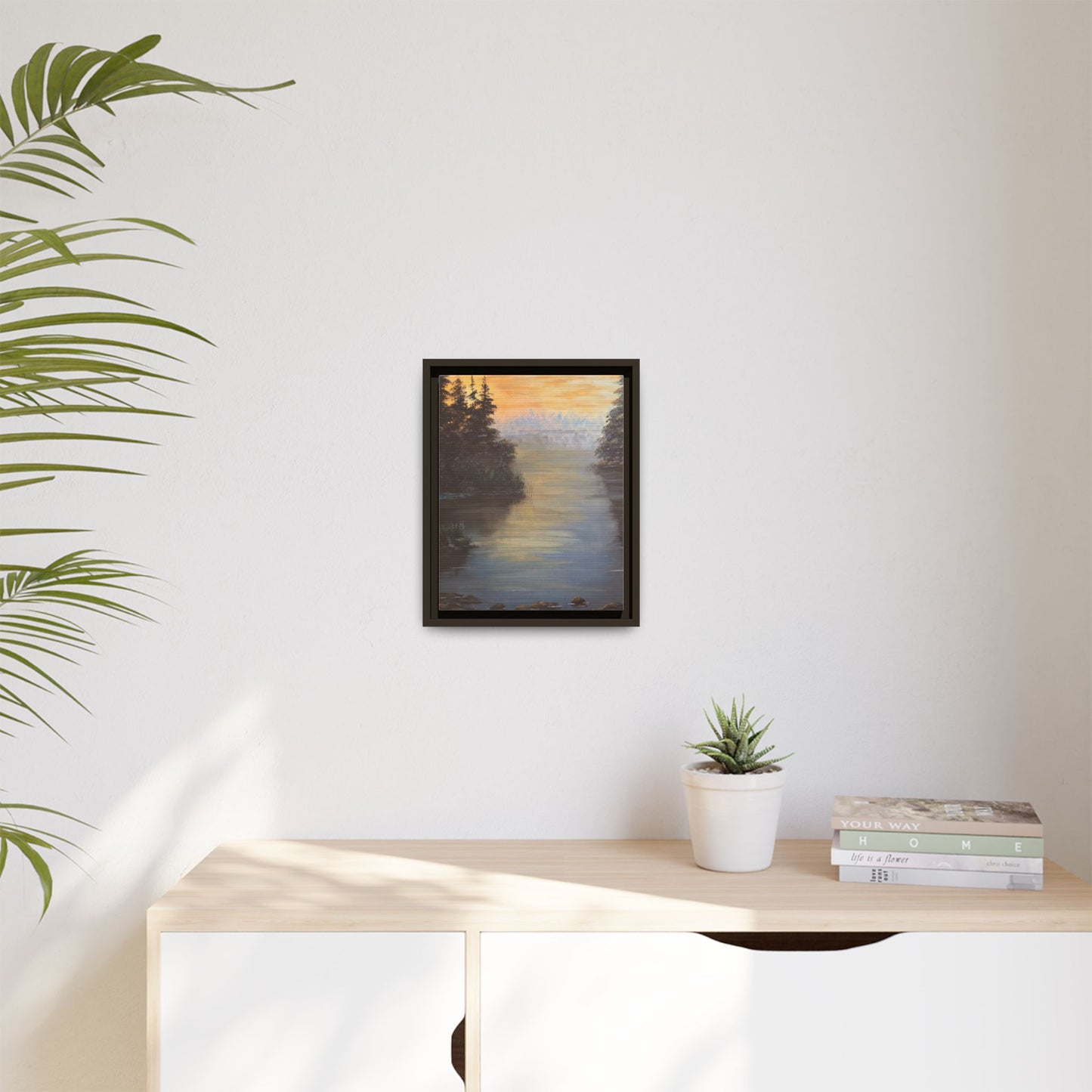 Peaceful Northwoods Lake Matte Canvas with Black or Espresso Frame. Available in sizes from 8” x 10”-24” x 32”