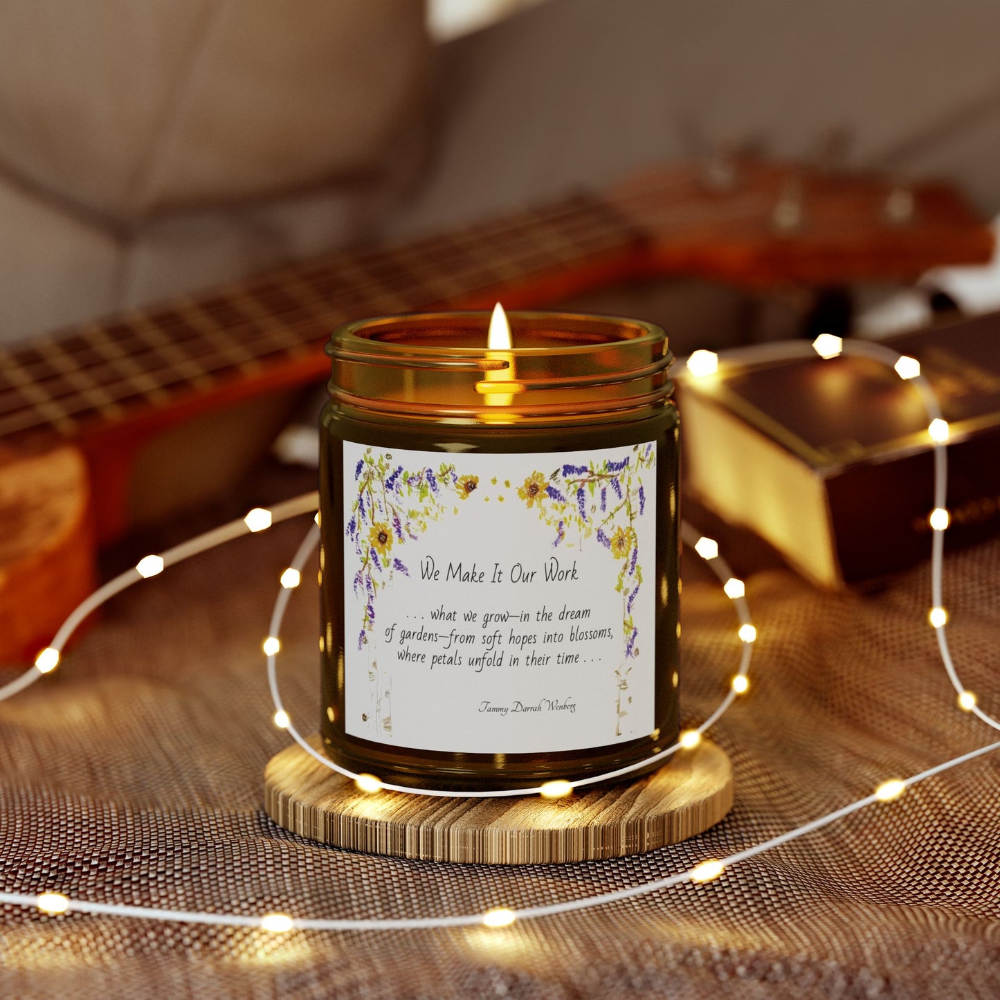 We Make It Our Work Scented Candles, Coconut Apricot Wax (4oz, 9oz), Featuring an Arbor of Sunflowers