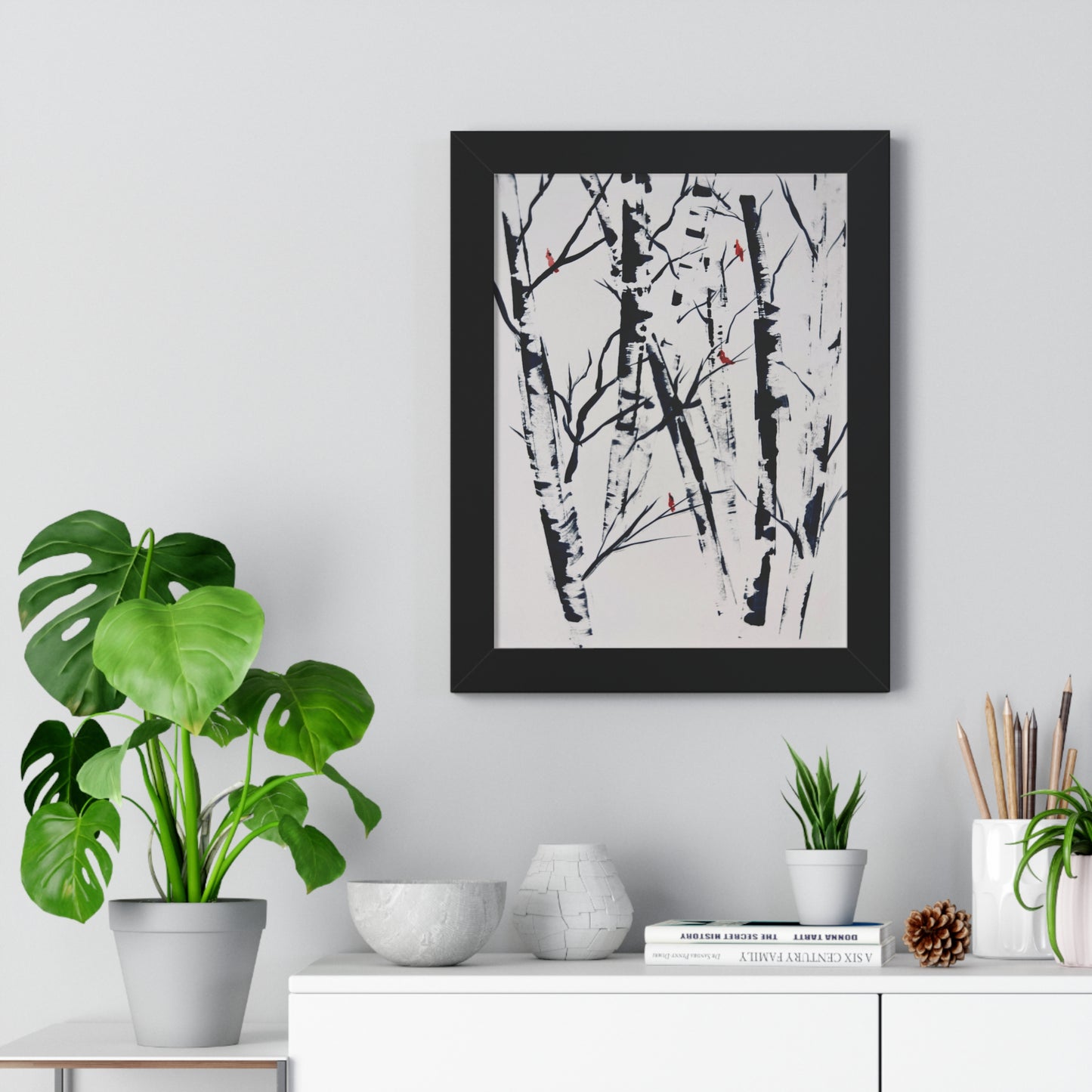 Cardinals and Birches Framed Vertical Poster. Available in sizes 11” x 14”-20” x 30”