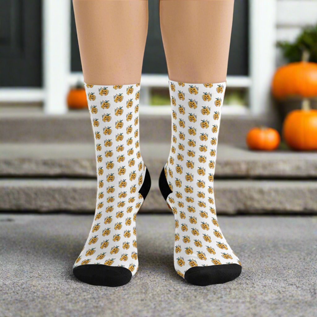 Fall Themed Recycled Poly Socks Featuring Cute Pumpkin Face Design