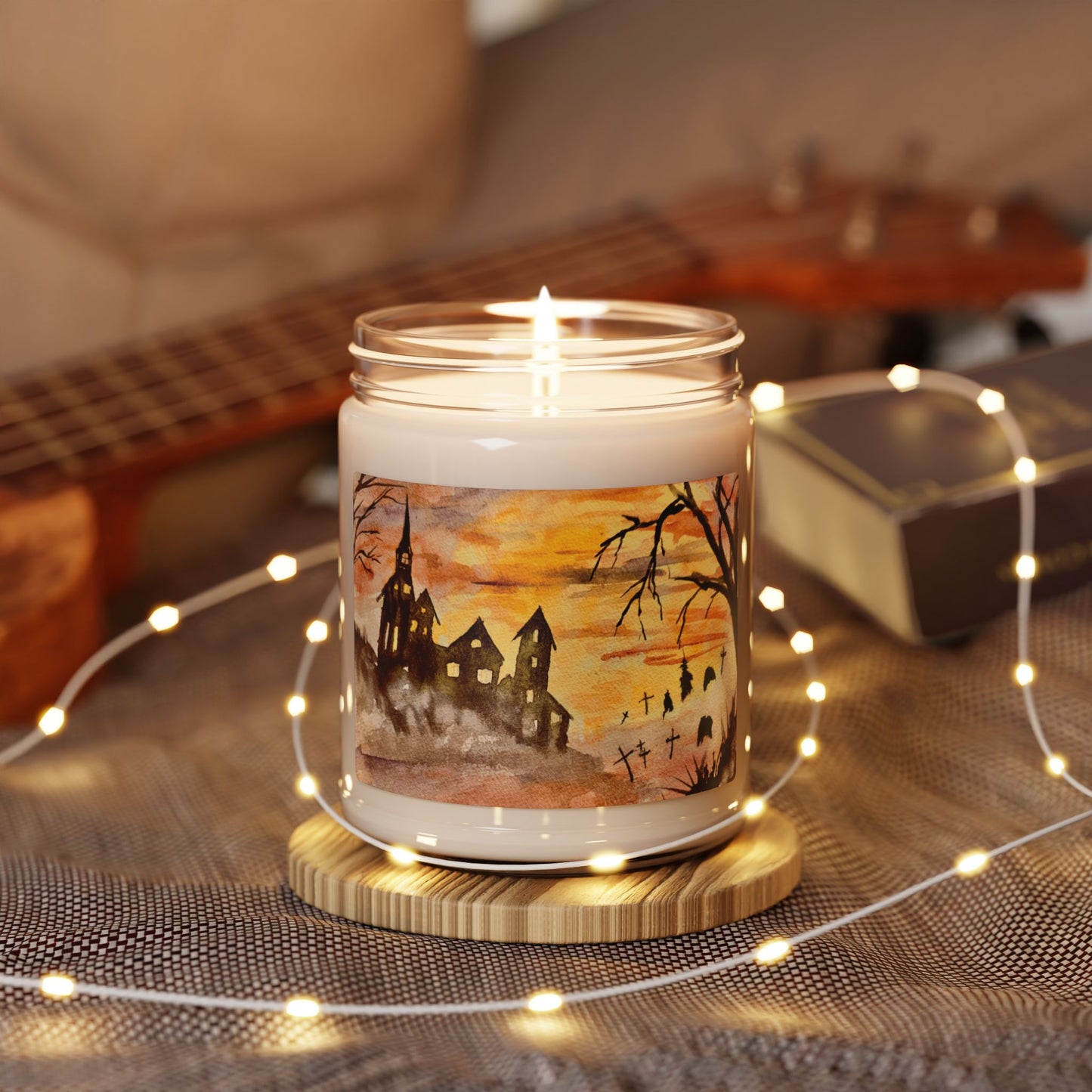 Eco-Friendly Soy Candle (9 oz.), Featuring Halloween House and Spooky Graveyard Art. Multiple Scents Available.