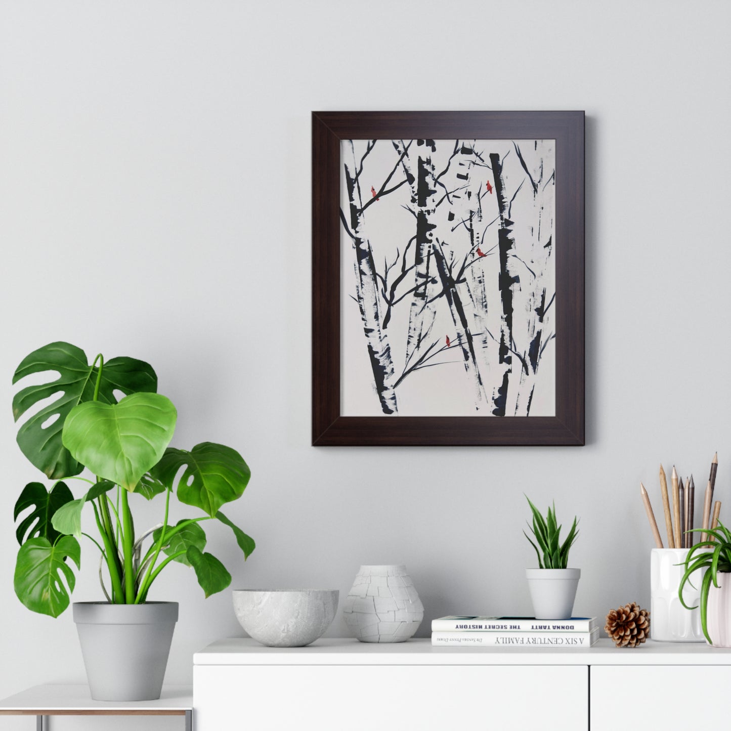 Cardinals and Birches Framed Vertical Poster. Available in sizes 11” x 14”-20” x 30”