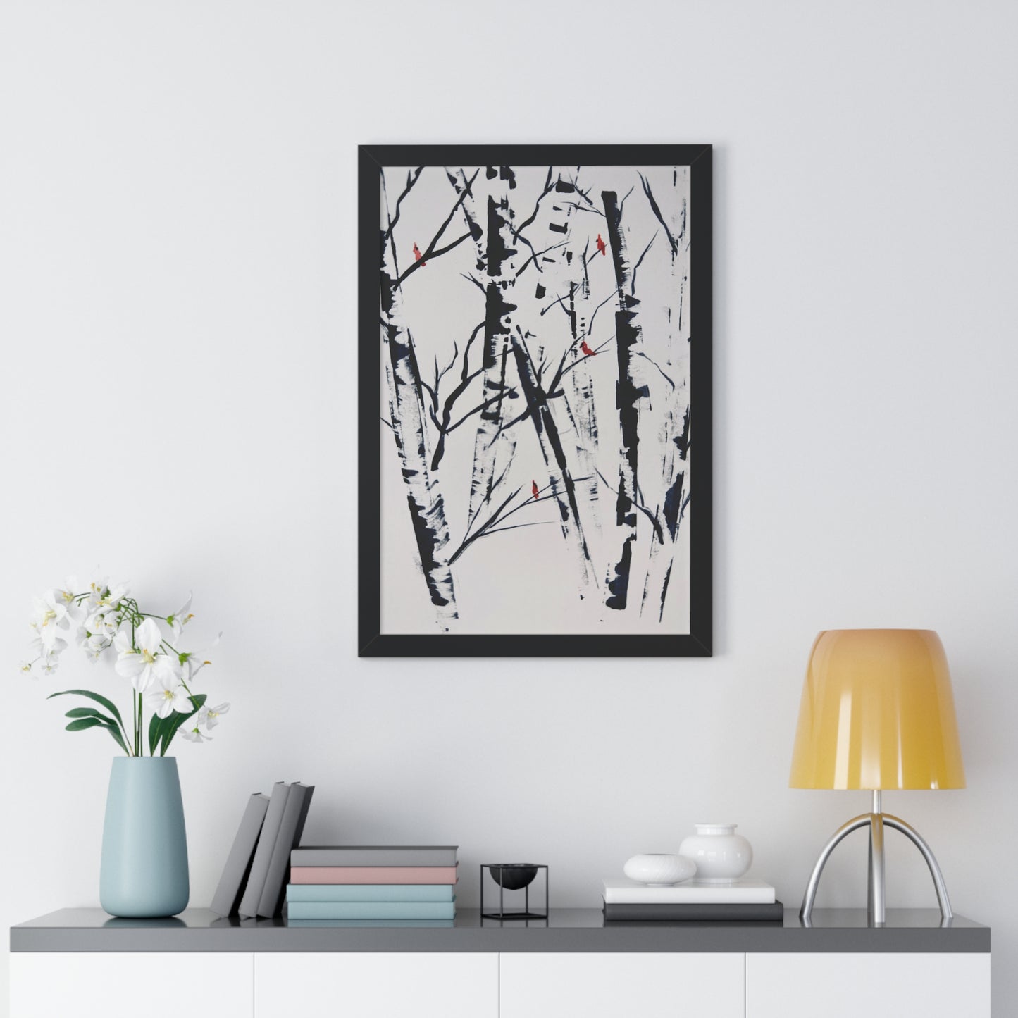 Cardinals and Birches Framed Vertical Poster. Available in sizes 11” x 14”-20” x 30”