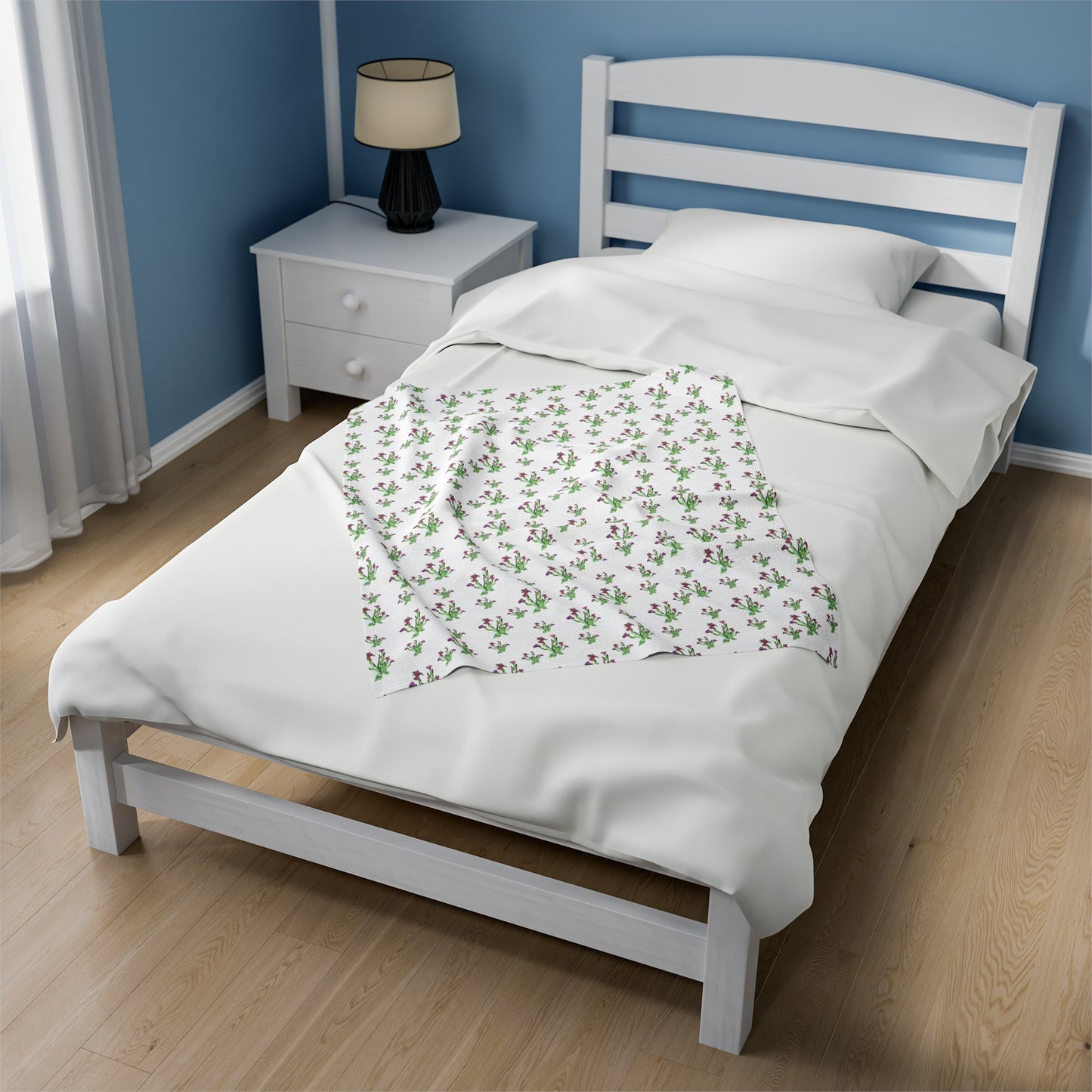 Velveteen Plush Blanket Featuring Purple Irises. Available in sizes from 30” x 40”-60” x 80”