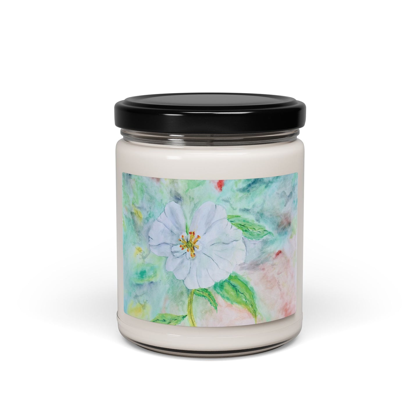 Eco-Friendly Soy Candle (9 oz.), Featuring Delicate Watercolor White Flower. Multiple Scents Available.