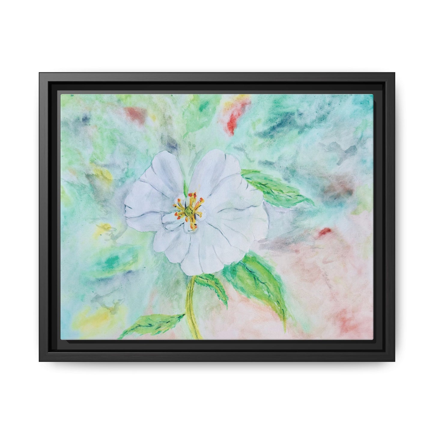 White Flower Watercolor Matte Canvas with Black Frame. Available in sizes from 12” x 9”-20” x 16”