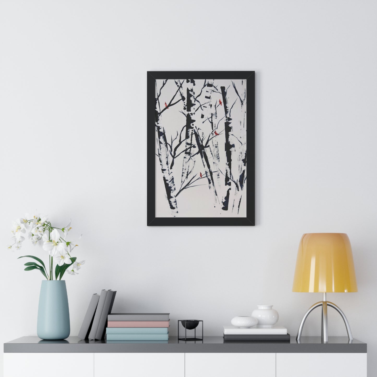 Cardinals and Birches Framed Vertical Poster. Available in sizes 11” x 14”-20” x 30”