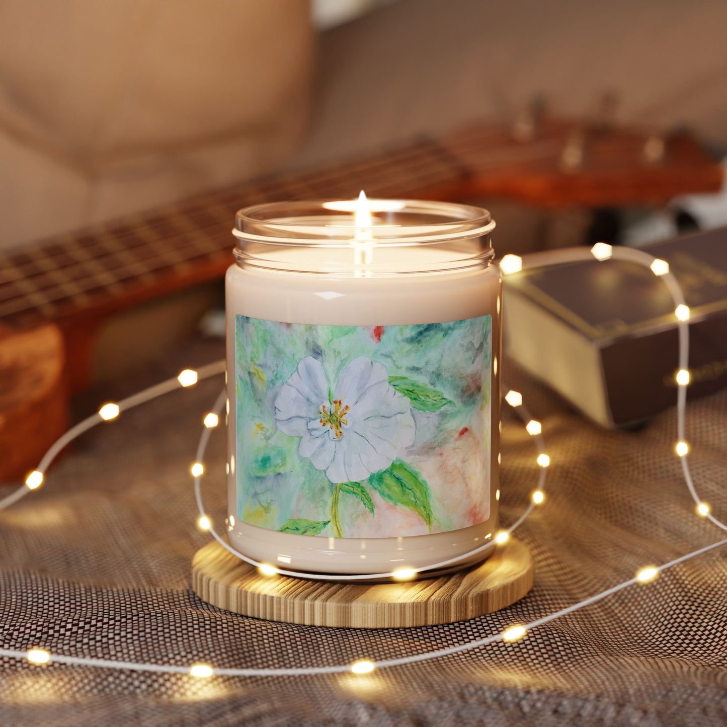 Eco-Friendly Soy Candle (9 oz.), Featuring Delicate Watercolor White Flower. Multiple Scents Available.