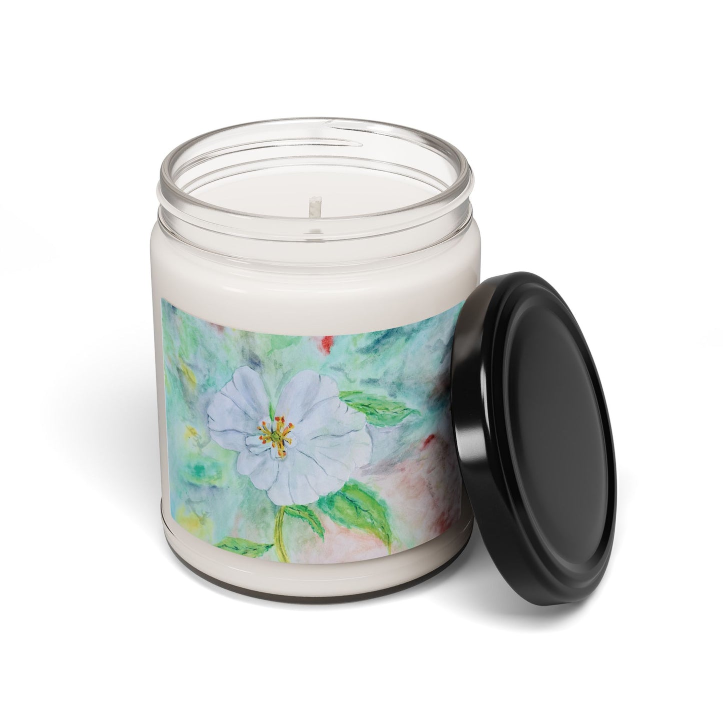 Eco-Friendly Soy Candle (9 oz.), Featuring Delicate Watercolor White Flower. Multiple Scents Available.