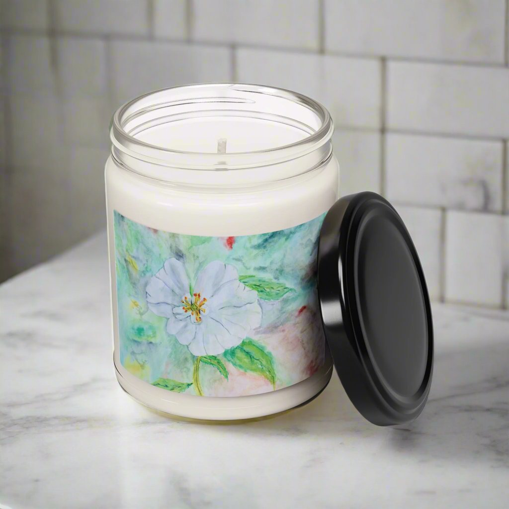 Eco-Friendly Soy Candle (9 oz.), Featuring Delicate Watercolor White Flower. Multiple Scents Available.