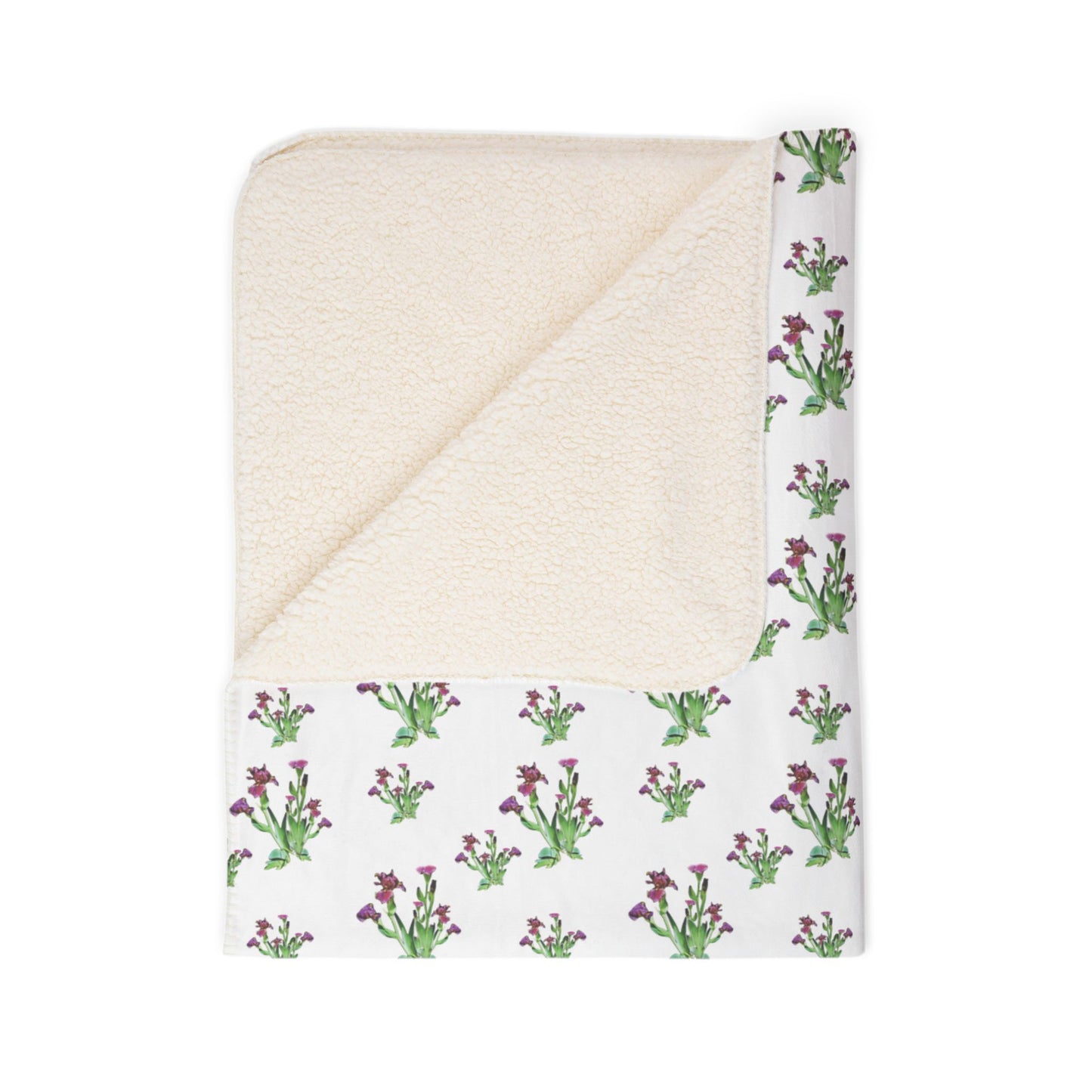 Fleece Sherpa Blanket Featuring Purple Irises. Available in sizes from 50” x 60”-60” x 80”