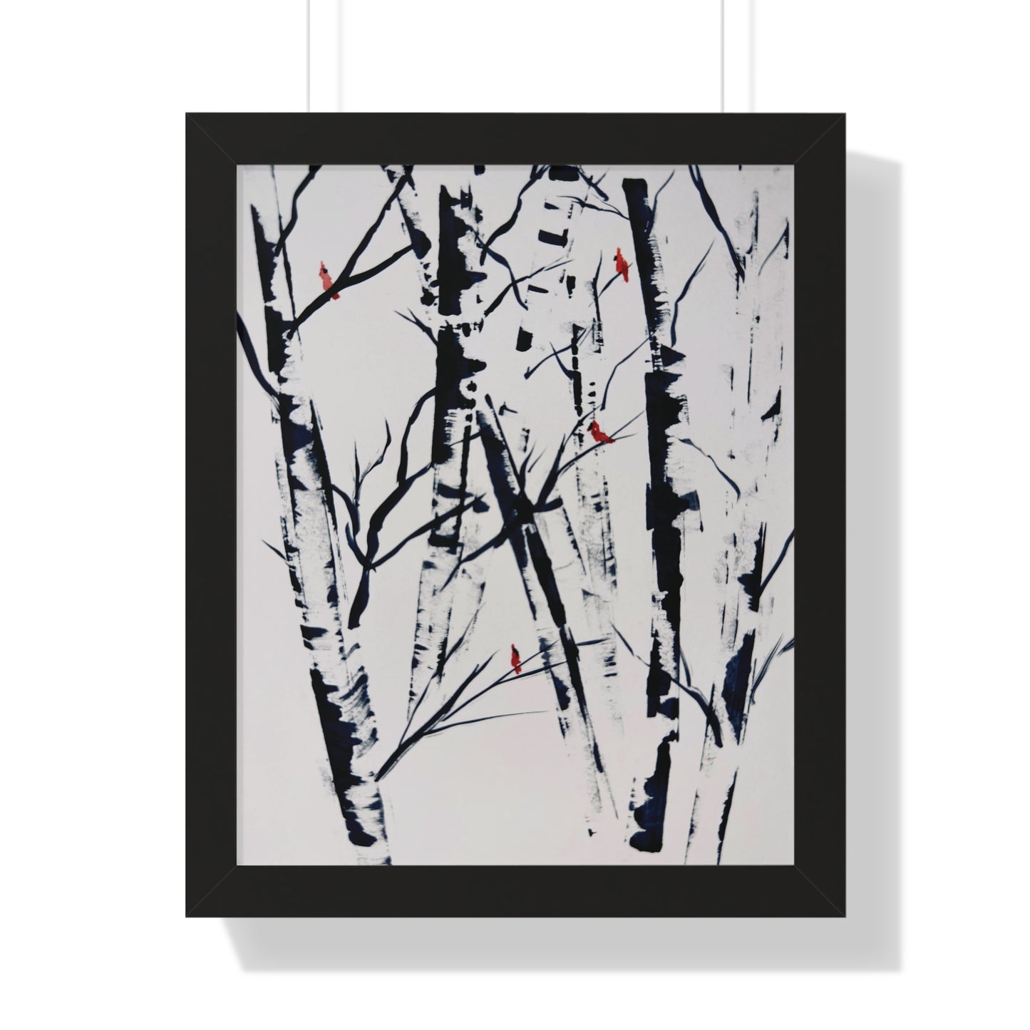 Cardinals and Birches Framed Vertical Poster. Available in sizes 11” x 14”-20” x 30”