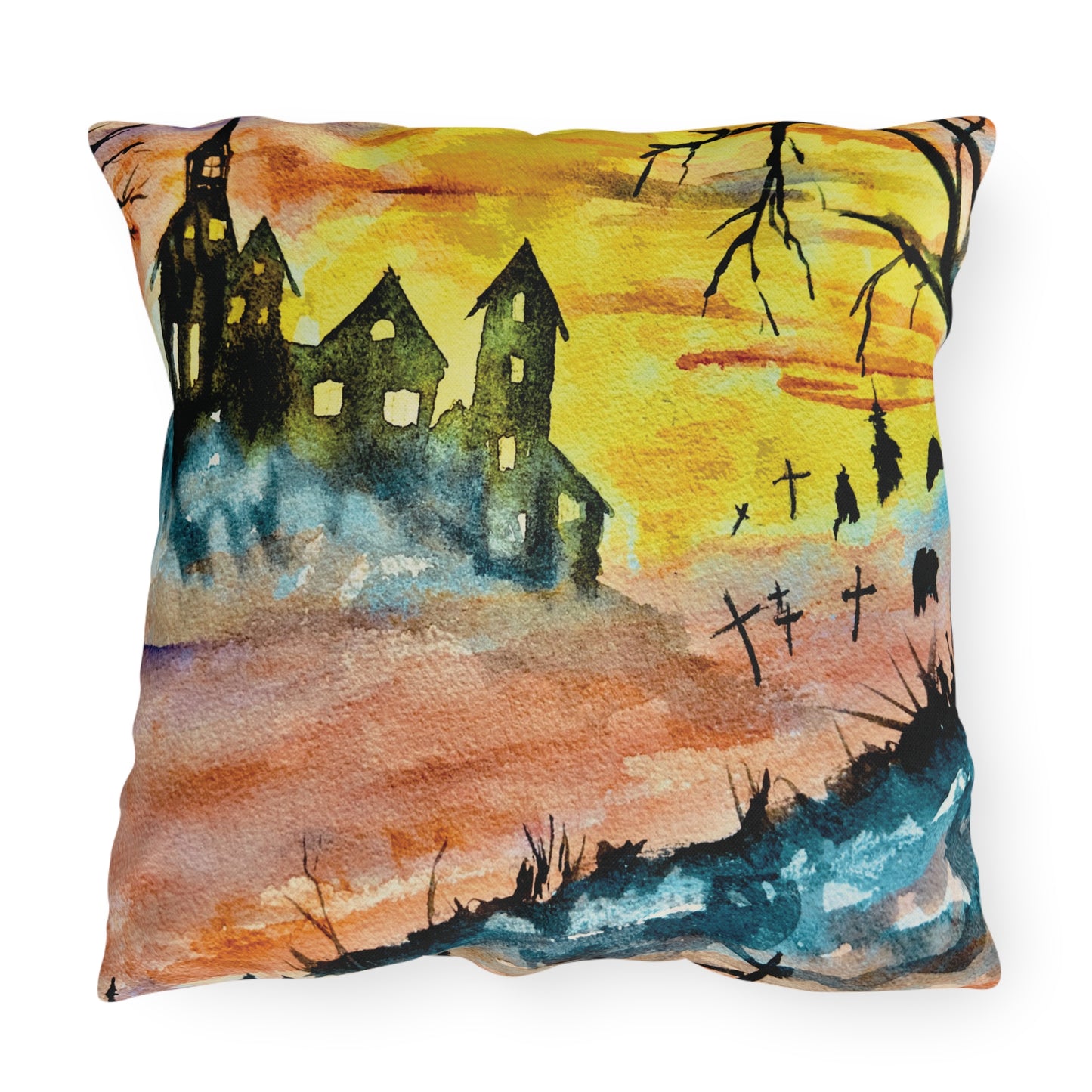 Halloween House and Graveyard (Vibrant) Pillows. Available in sizes from 16” x 16”-20” x 20”