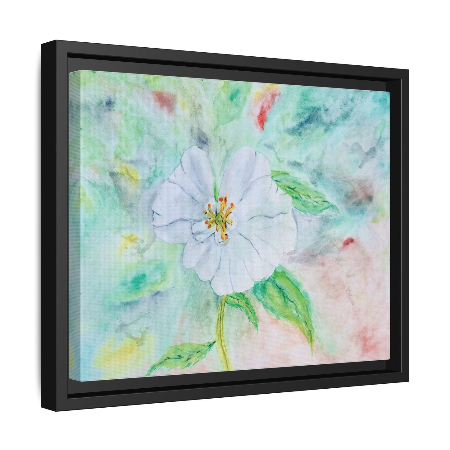 White Flower Watercolor Matte Canvas with Black Frame. Available in sizes from 12” x 9”-20” x 16”